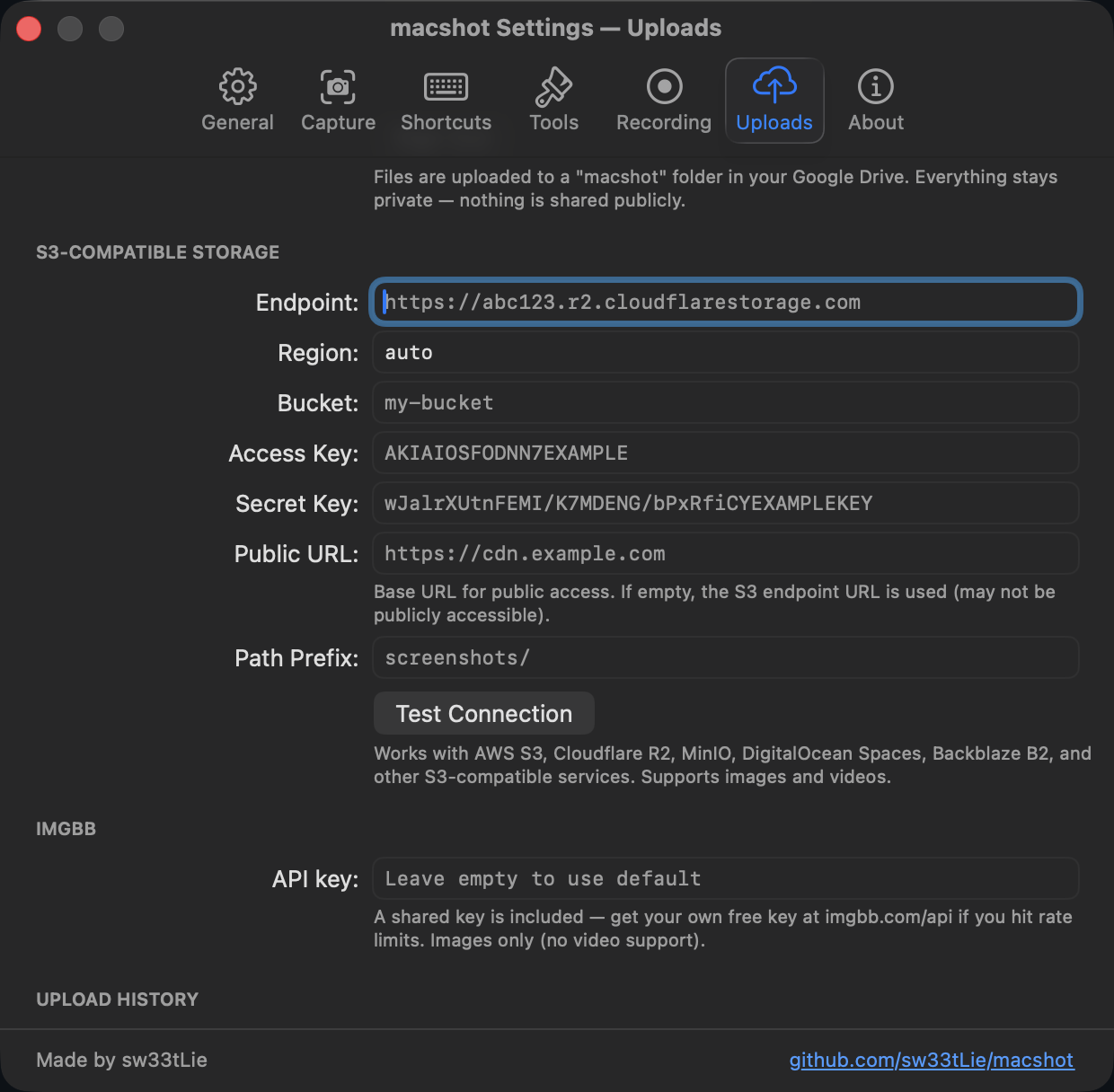 macshot's S3-compatible storage settings on macOS - endpoint, region, bucket, access keys, public URL and path prefix for uploading screenshots to your own bucket
